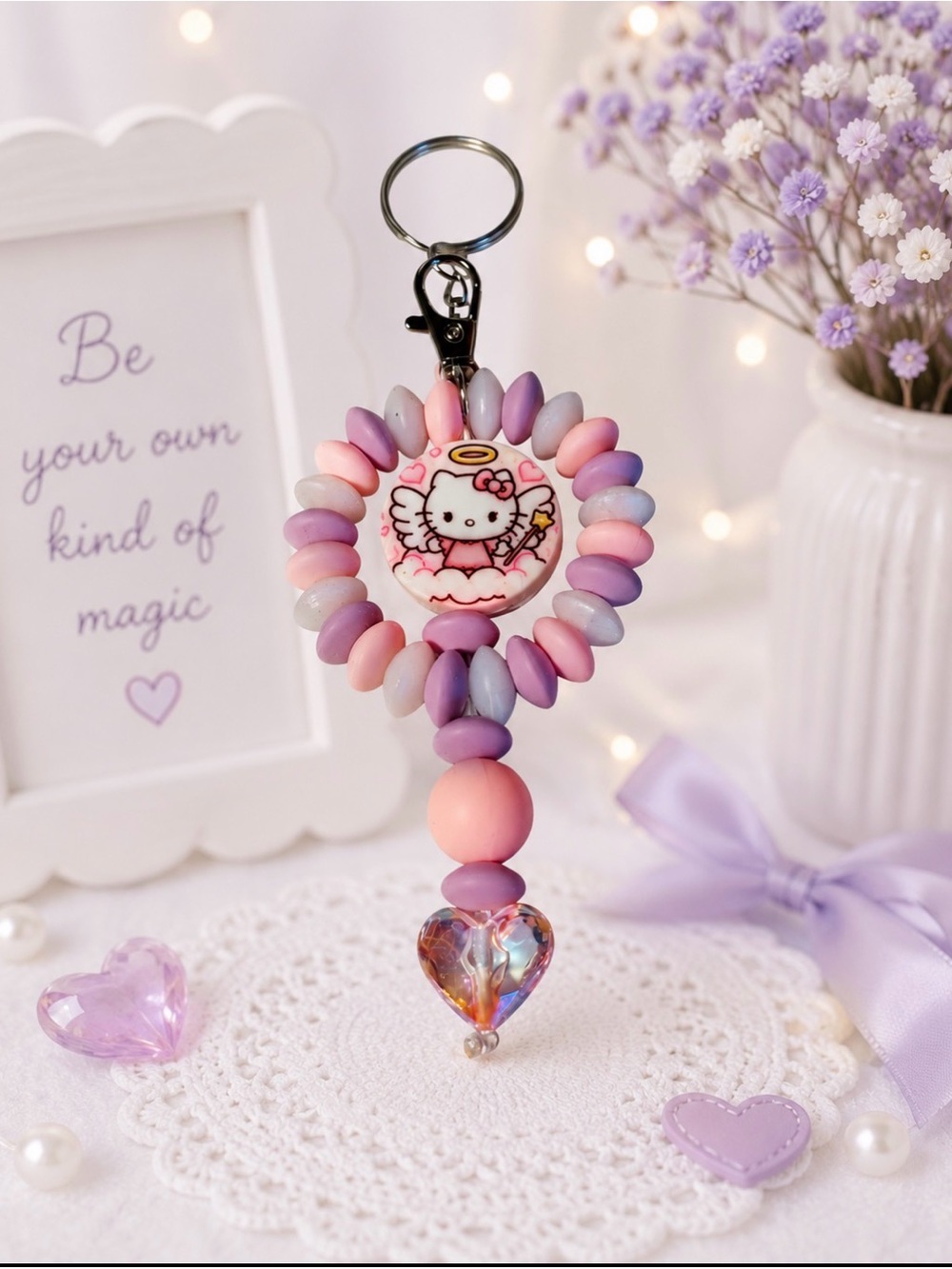 Handmade Angel Beaded Keychain Card in Pink & Purple